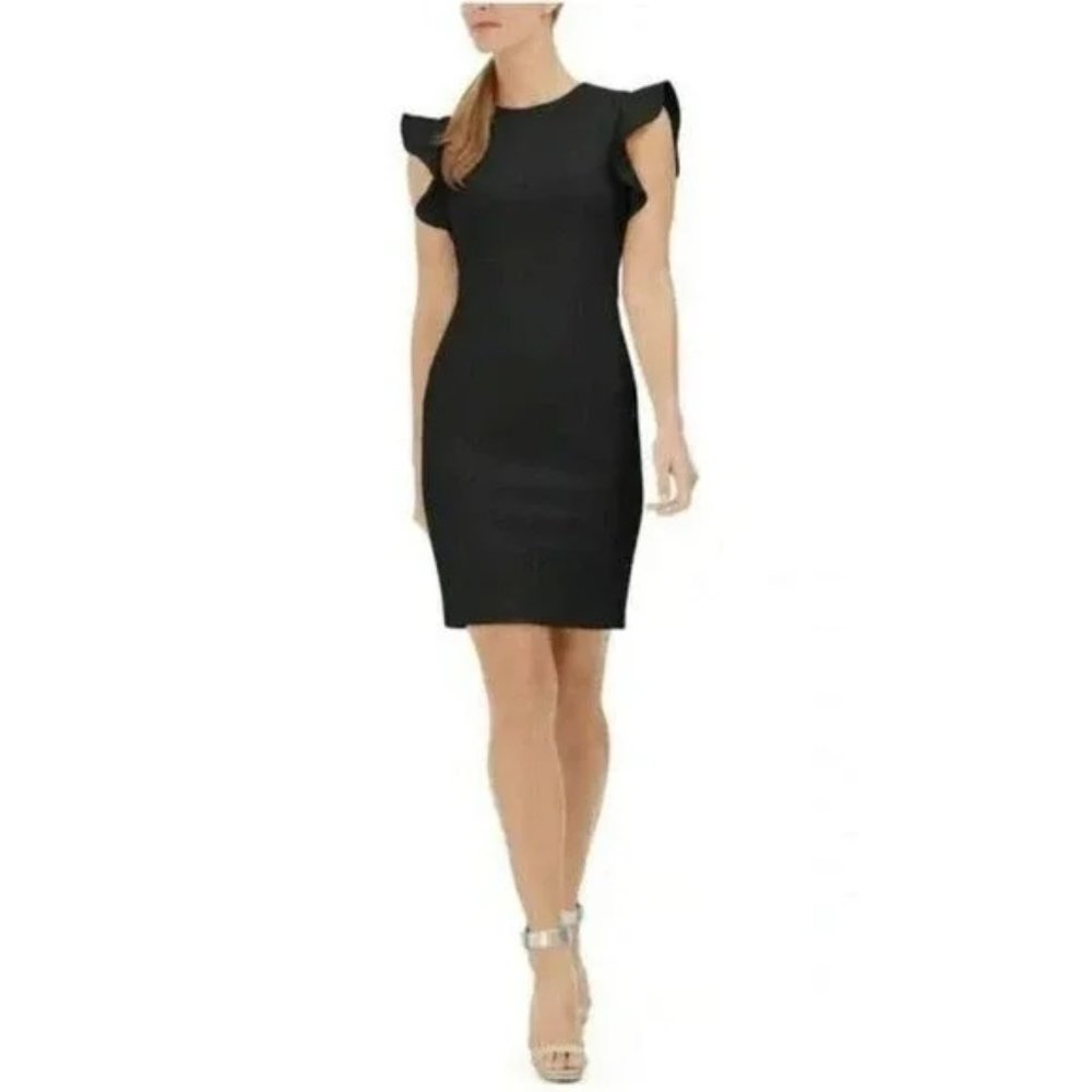 Calvin Klein NWT Dark Gray Ruffle straps Princess Seam Sheath Dress sz 10